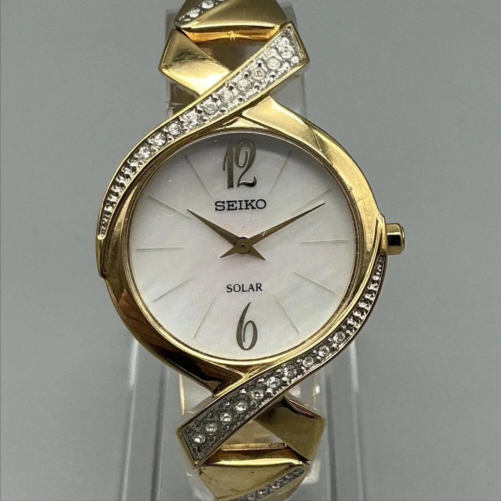 Seiko Solar V115-0BH0 Womens Watch 29mm MOP Dial Gold Tone Crystals 6